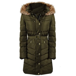 womens belted 3/4 belted down fill puffer coat in dark moss