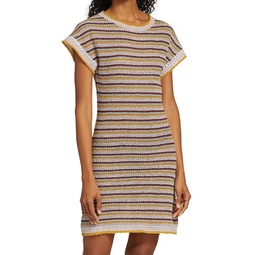 textured summer striped lurex knit dress in tan