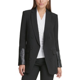 petites womens faux leather trim special evening double-breasted blazer