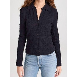 smocked long sleeve button down shirt in black
