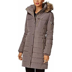 womens flannel down 3/4 puffer coat with faux fur and hood in gray