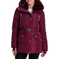 belted down quilted jacket coat in dark ruby
