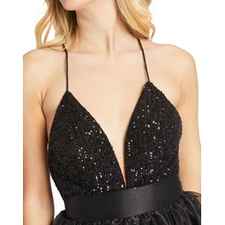 sequined sleeveless plunge neck bodysuit gown