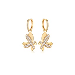 gold pave diamond butterfly dangle drop hoop earrings