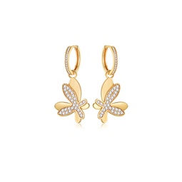 gold pave diamond butterfly dangle drop hoop earrings