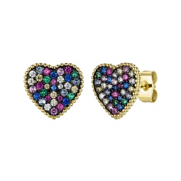 rg 14k gold plated with multi-colored gemstone cubic zirconia pave heart stud earrings