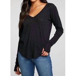 heritage waffle long sleeve double v neck shirttail tee in true black