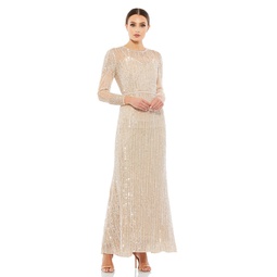 sequined illusion high neck long sleeve trumpet gown