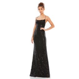 sequin lace up back evening gown
