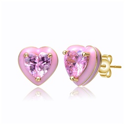 young adults/teens 14k yellow gold plated with pink cubic zirconia and pink enamel heart stud earrings