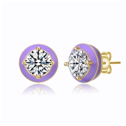 young adults/teens 14k yellow gold plated with clear cubic zirconia amethyst enamel round stud earrings