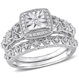 1/3ct tdw diamond square halo bridal ring set in sterling silver