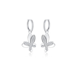 silver pave diamond butterfly dangle drop hoop earrings
