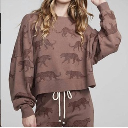 all over leopards fleece pullover in deep taupe