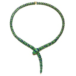 rg 14k yellow gold plated with emerald cubic zirconia blue & green enamel coiled serpent snake stiff collar necklace