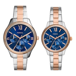 unisex his and hers multifunction, silver-tone alloy watch set