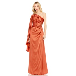one shoulder bell sleeve draped gown