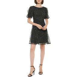 womens embroidered mesh fit & flare dress