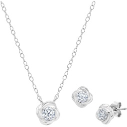 sterling silver cubic zirconia love knot 3mm earring and 4mm pendant set
