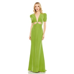puff sleeve embellished cutout evening gown