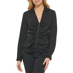 womens ruched front zipper blouse