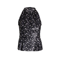 metallic halter top in black floral print polyester