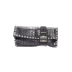 chandra black croc embossed silver studs woven magnet clasp clutch bag