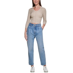 womens pleated high waist straight leg jeans