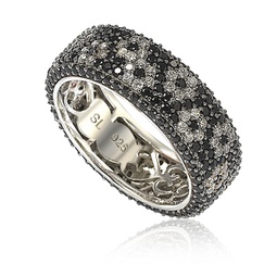 sterling silver cubic zirconia white & black pave flower eternity band ring