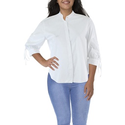 womens ruched elbow sleeves button-down top