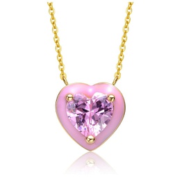 young adults/teens 14k yellow gold plated with pink cubic zirconia pink enamel heart pendant necklace