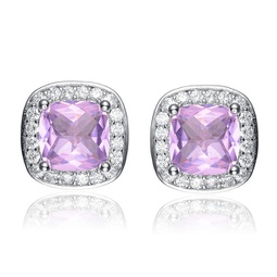white gold plated square stud earrings with pink cubic zirconia