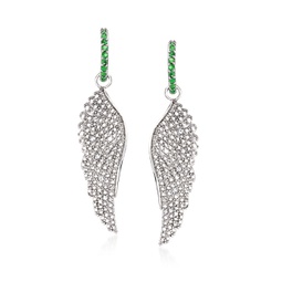 emerald and . diamond removable angel wing drop earrings in sterling silver