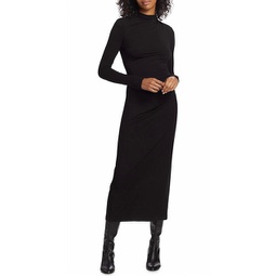 long sleeve turtle neck ruched midi dress in black