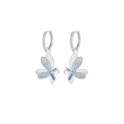 silver gradient blue pave diamond butterfly dangle drop hoop earrings