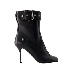 high-heeled ankle boots - - leather - black/silver