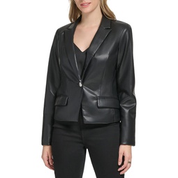 womens faux leather dressy one-button blazer