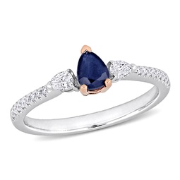 1/2 ct tgw pear shape sapphire and 1/4 ct tw diamond 3-stone ring in 2-tone 14k white & rose gold