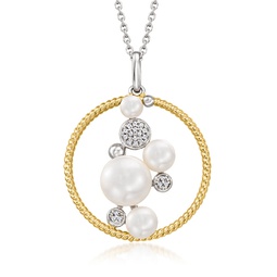 3.5-8.5mm cultured pearl circle pendant necklace with diamond accents in sterling silver and 18kt gold over sterling