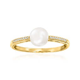 ross-simons 6mm cultured pearl ring with diamond accents in 14kt yellow gold
