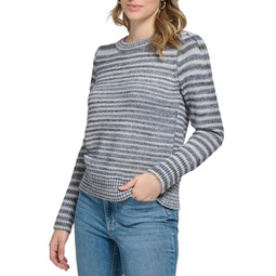 womens striped puff shoulder pullover sweater