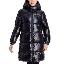 down shiny hooded puffer coat in black