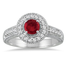 ruby and diamond halo ring in 10k white gold