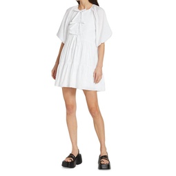 lynn cotton bow detail puff sleeve flared mini dress in white