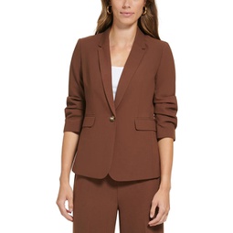 petites womens ruched 3/4 sleeve one-button blazer