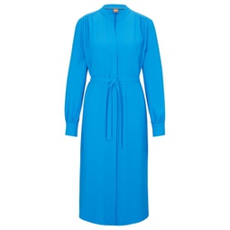 belted dress with collarless v neckline and button cuffs