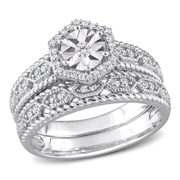 1/4ct tdw diamond hexagon halo bridal ring set in sterling silver