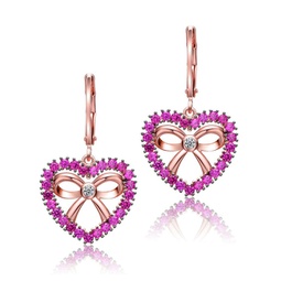 18k rose gold plated heart dangle earrings with clear and ruby cubic zirconia
