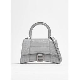 xs hourglass croc embossed top-handle bag in grey leather