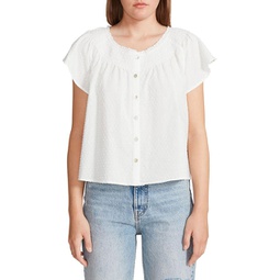womens smocked neck dotted button-down top
